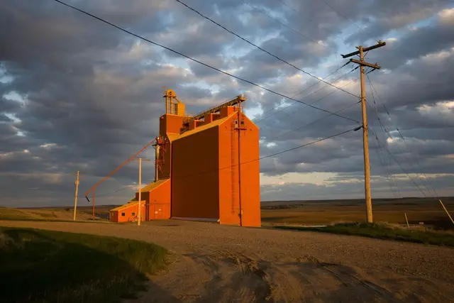 Grain elevator at sunset